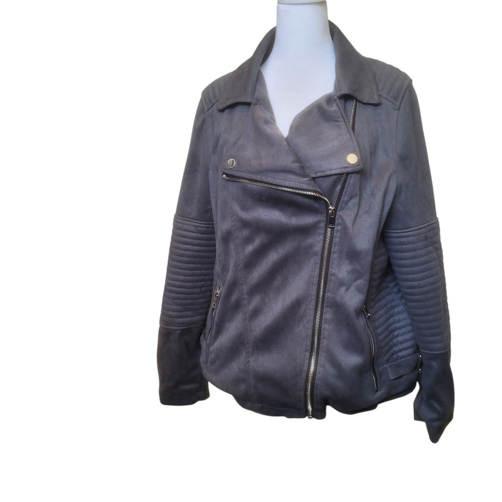 YMI Womens Plus Grey Moto‎ Jacket sz 1X Faux Suede Super Soft Lined For Warmth - Picture 3 of 10